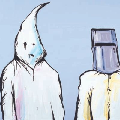 Landscape painting of three figures against a pale blue background